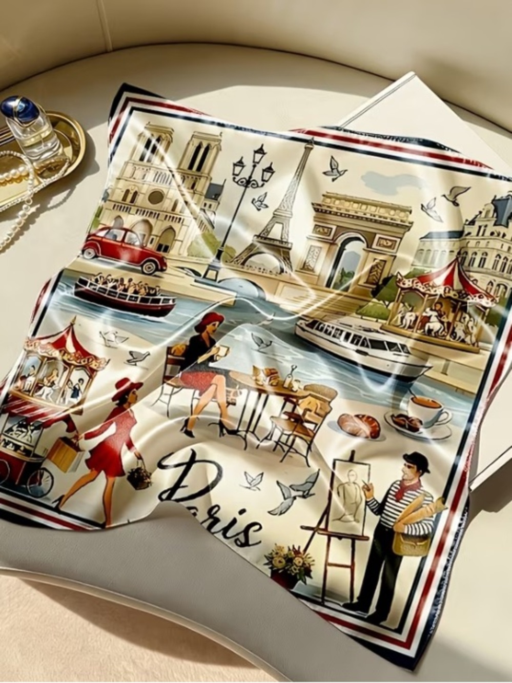 Paris Scenic Silky Scarf in Cream, Red, Blue